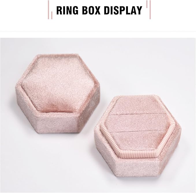 Velvet Ring Box, 2 Slots Hexagon Jewelry Ring Gift Box Vintage Ring Display Holder Case for Wedding Ceremony Proposal Engagement (Dusty Pink)