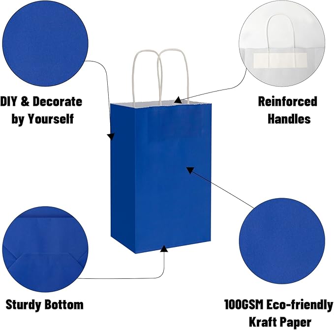 100 Pack 5.25x3.25x8.25 Inch Small Royal Blue Kraft Paper Bags with Handles Bulk, Toovip Gift Wrap Bags for Favor Grocery Retail Party Birthday Shopping Business Goody Craft Merchandise Take Out Sacks