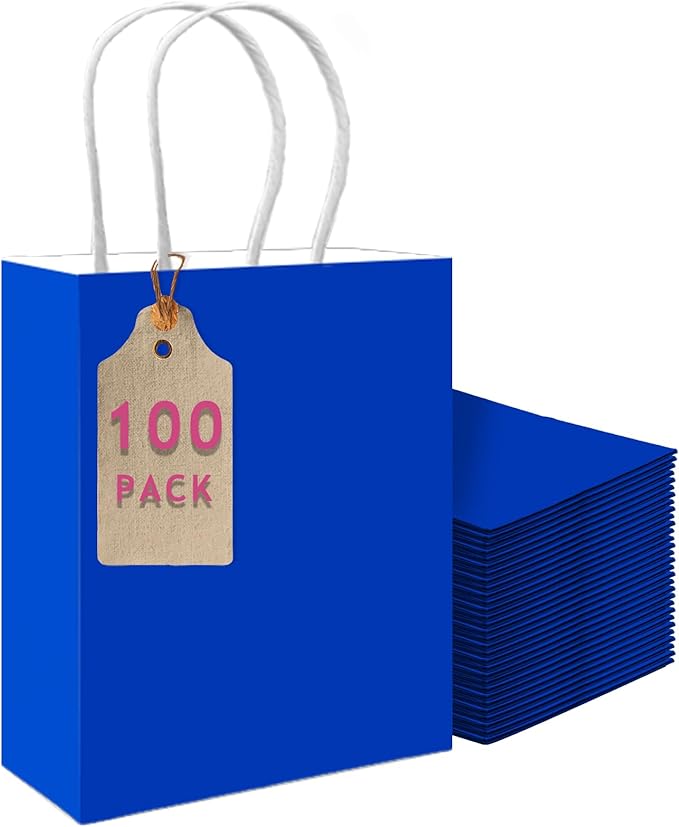 qiqee 100PCS Gift Bag with Handles Bulk Diamond Blue Paper Bags Multiple Uses (11"x5"x8"inch Medium Size)