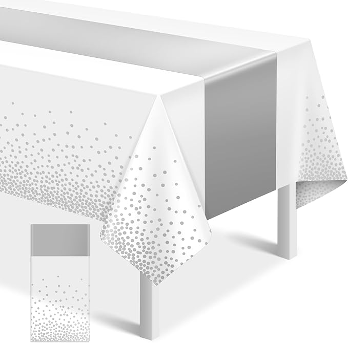 MASHAN 1Pcs White Silver Tablecloth Party Decorations,Plastic White Table Cloth Printed Silver Runner Disposable Rectangle Table Cover for Birthday Wedding Anniversary Graduation Party,54 x108 Inch