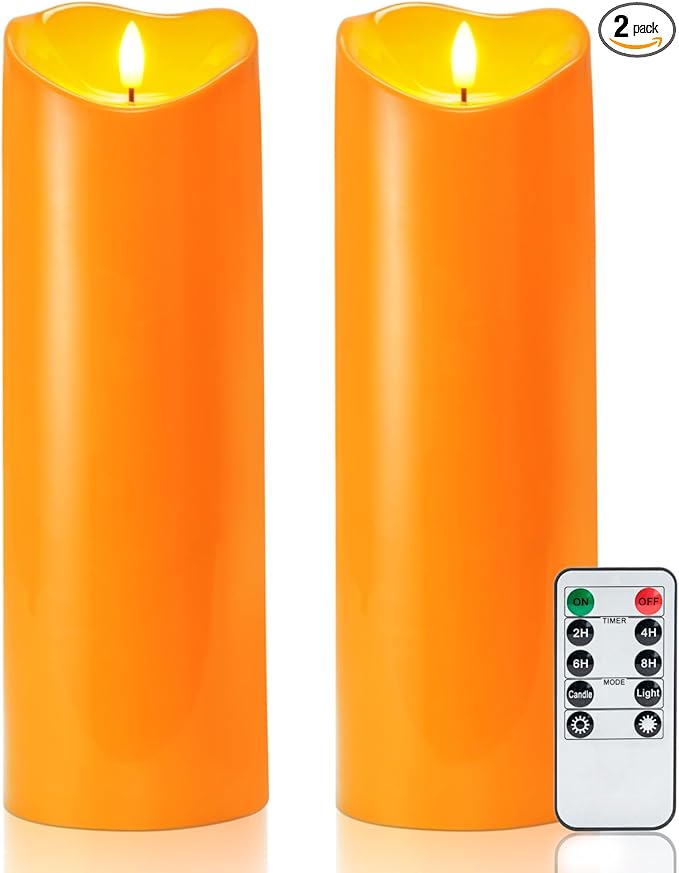 Homemory 4"x12" Halloween Orange Flameless Candles, Fall Candles, Outdoor Waterproof Flameless Candles with Remote and Timers, Battery Operated LED Pillar Candles, Won't Melt Plastic, Set of 2