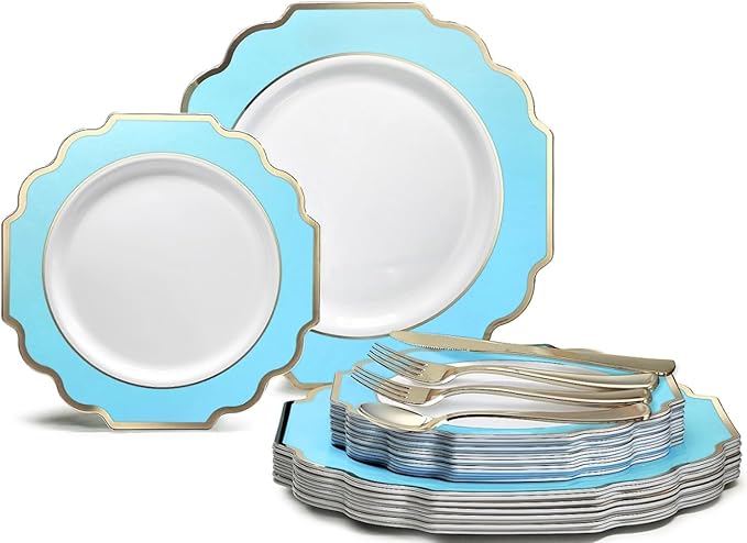 OCCASIONS 720 Pcs set (120 guest) Wedding Disposable Plastic Plate and Silverware Combo 10.5" + 8" + Silverware (Double Fork) (Imperial in White/Aqua & Gold Rim, Gold Silverware)