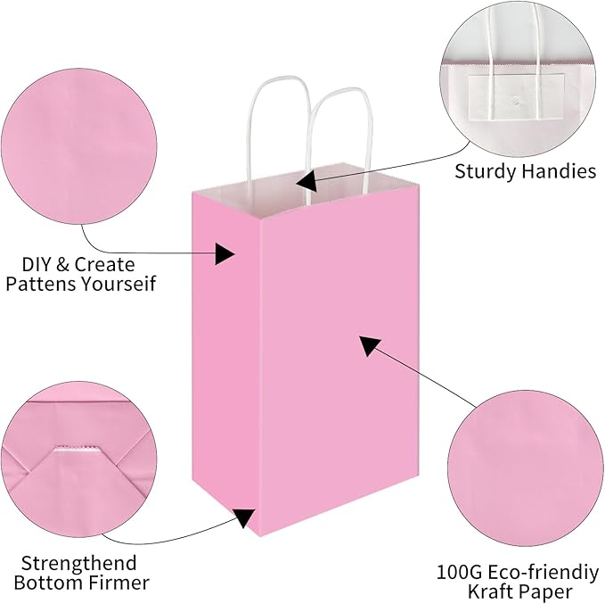 Toovip 100 Pack 5.25x3.25x8.25 Inch Small Light Pink Kraft Paper Bags with Handles Bulk, Gift Wrap Bags for Favor Grocery Retail Party Birthday Shopping Business Goody Craft Merchandise Take Out Sacks