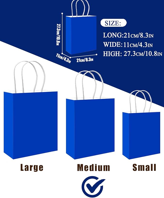 qiqee 100PCS Gift Bag with Handles Bulk Diamond Blue Paper Bags Multiple Uses (11"x5"x8"inch Medium Size)