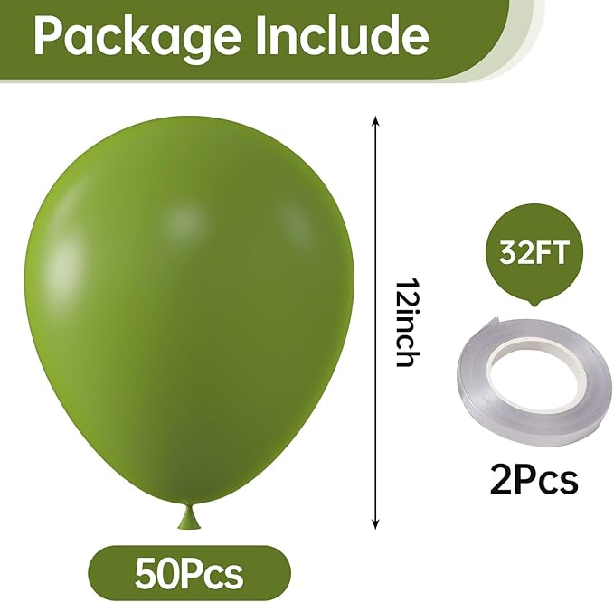 KALOR 12 Inch Retro Olive Green Balloons, 50 Pcs Latex Helium Balloons for Kid's Birthday Party, Baby Shower, Wedding, Graduate Party Decorations