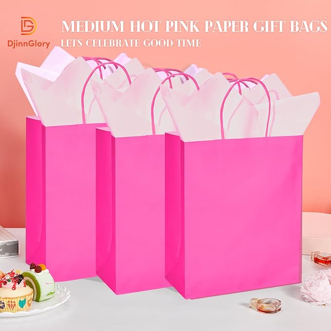 DjinnGlory 50 Pack Medium Size Hot Pink Paper Gift Bags with Handles 10x8x4 Inch and 50 Pink Tissue Paper for Mother's Day Business Birthday Wedding Bridal Baby Shower Party Favors Goodies