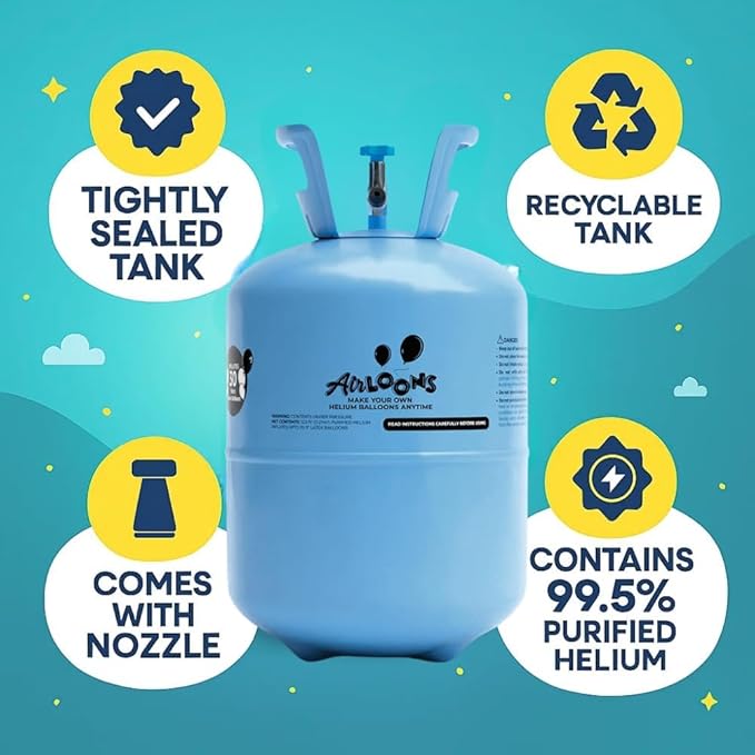 Airloons Pack of 3 Helium Tank Balloon Kit with 90 Latex Balloons | Helium Tank for Balloons at Home | Balloon Pump Kit for Birthday Decorations, Valentine's Day, Party, Home Decorations