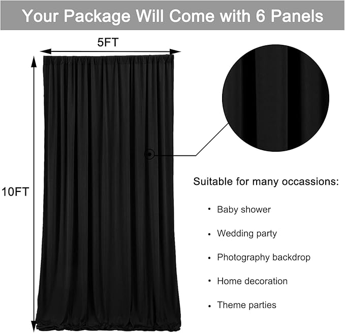 30ft x 10ft Wrinkle Free Black Backdrop Curtain for Parties, 6 Panels 5X10ft Polyester Black Photo Backdrop Drapes Back Drop Cloth for Birthday Wedding Party Photography Background