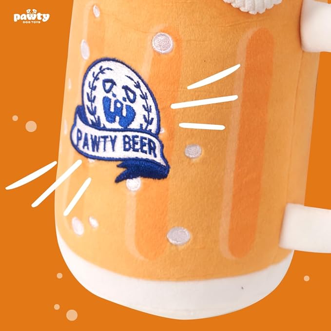 Pawty Beer Plush Dog Toy - Cute Unique Dog Parody Toy with Squeaker - Funny Alcohol Dog Toy - Gift for Puppy Birthday - Chew Toy for Small Medium Dog