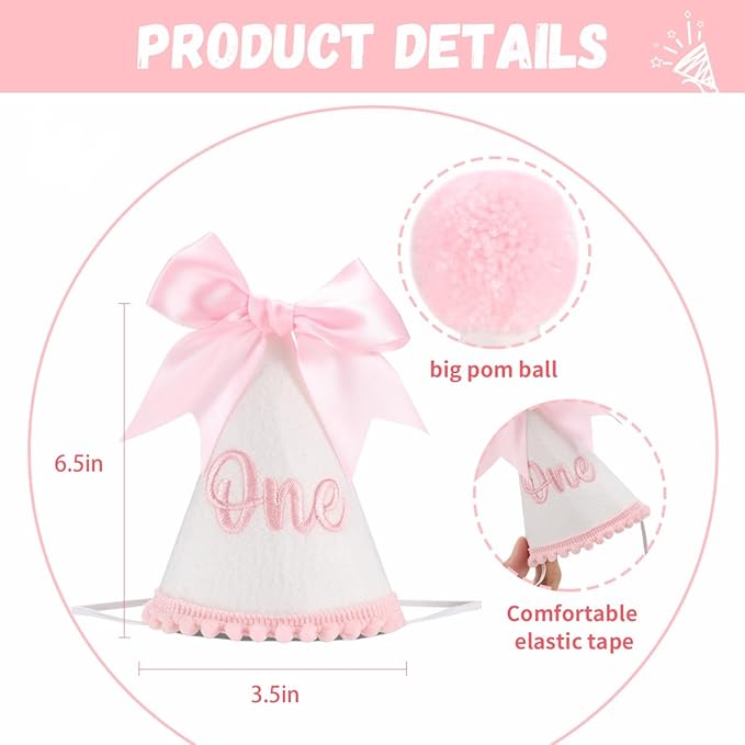 Pink Bow 1st Birthday Hat, Bow Girl 1st Birthday Hat, Pink Themed Decoration, Baby Girl Party Hat, Cake Smash Outfit(CXMZ-ONE-HDJ)