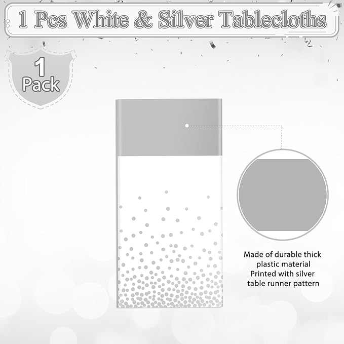 MASHAN 1Pcs White Silver Tablecloth Party Decorations,Plastic White Table Cloth Printed Silver Runner Disposable Rectangle Table Cover for Birthday Wedding Anniversary Graduation Party,54 x108 Inch