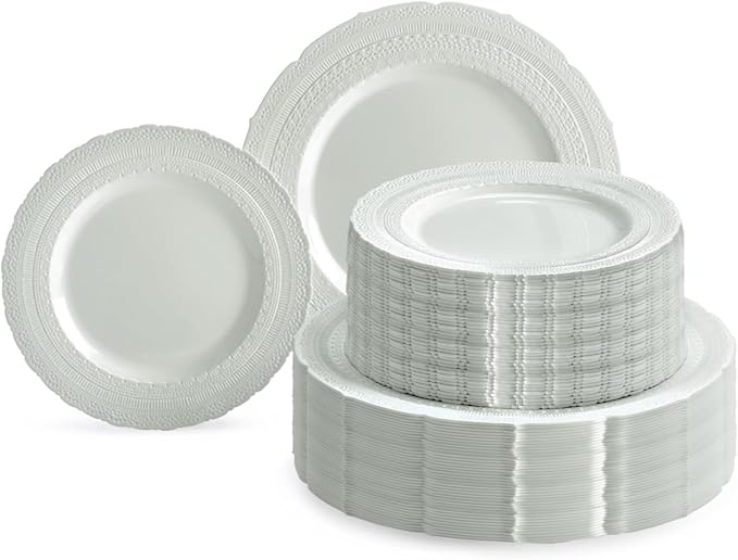 " OCCASIONS " 120 Plates Pack,(60 Guests) Extra Heavyweight Vintage Wedding Disposable/Reusable Plastic Plates 60 x11'' Dinner +60 x 8.25'' Salad/Dessert Plate (Chatesau Light Gray)