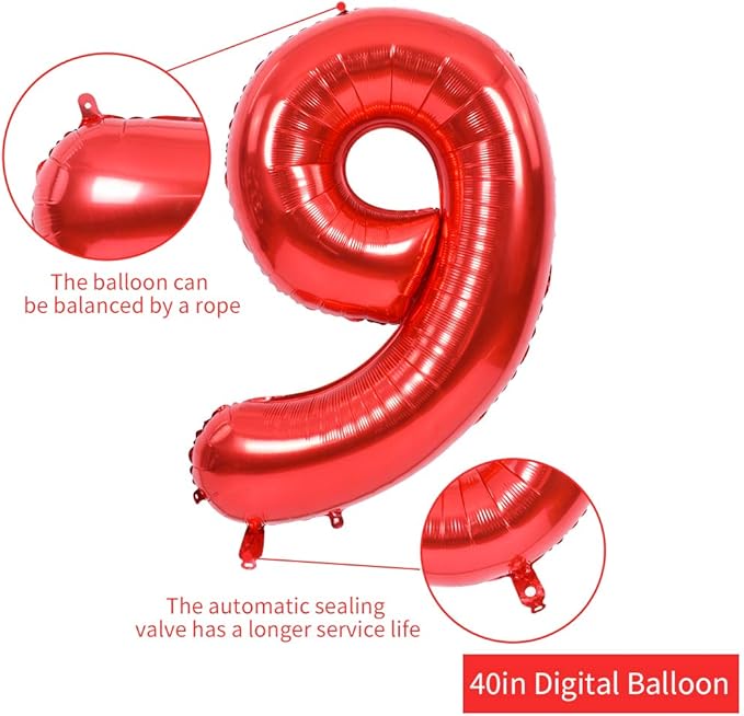 TONIFUL 40 Inch Red Large Numbers Balloons 0-9, Number 9 Digital 9 HeliumFoil Mylar Big Number Balloons for 2026 New Year Eve Graduation Valentine's Day Birthday Party Anniversary Party Decoration