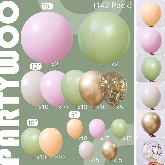 PartyWoo Pink and Green Balloon Arch Kit Garland 142pcs Different Sizes of 18 12 10 5 Inch Metallic Gold Baby Pink Sage Green Sand White Nude Gold Confetti Balloons for Birthday Party Decorations