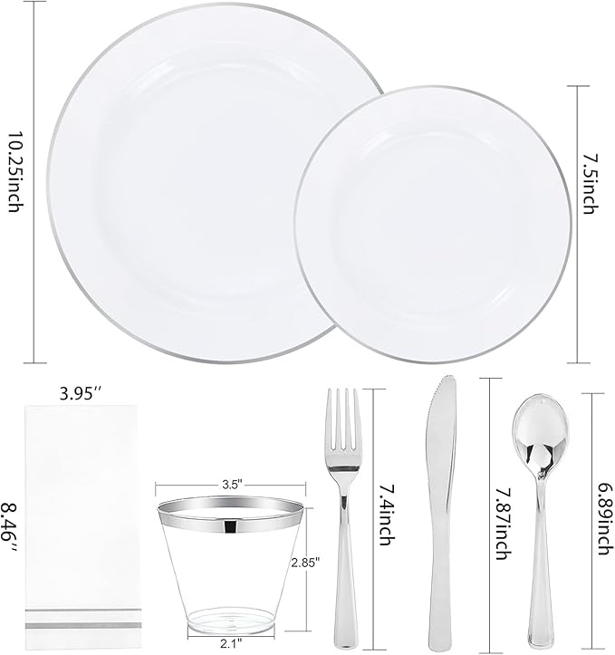 SUT 175 Piece Silver and White Plastic Dinnerware Set for 25 Guests, Disposable Plastic Plates, Include: 25 Dinner Plates, 25 Dessert Plates, 25 Pre Rolled Napkins with Silver Silverware, 25 Cups