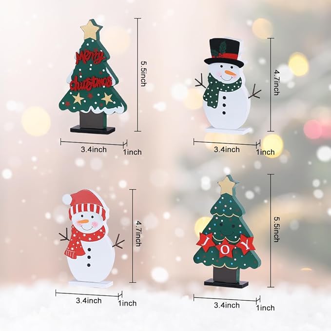 DECSPAS Christmas Decorations Indoor, 4 PCS Wood Christmas Trees & Snowmen for Centerpiece Table Decorations, Wooden Tiered Tray for Xmas Decor, Home, Winter, Tabletop, Mantel, Shelf, Fireplace, Gifts