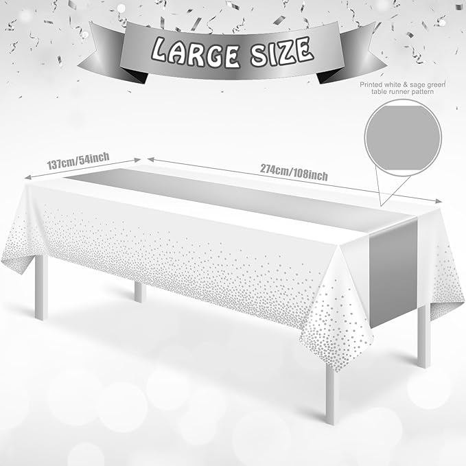 MASHAN 6Pcs White and Silver Polka Dot Plastic Tablecloth, 54x108 Inch, Rectangular, Waterproof, Spill-proof, Stain Resistant, Ideal for Various Themed Parties, 6 Count