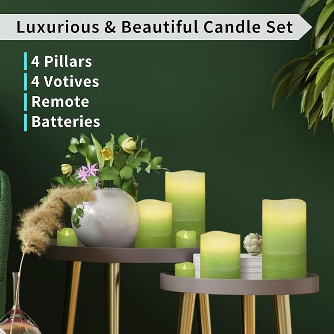 FURORA LIGHTING Green Ombre LED Candles with Remote, 4 Pillar and 4 Votives Pack of 8, Real Wax Flameless Flickering Candles for Home Décor, Battery Operated