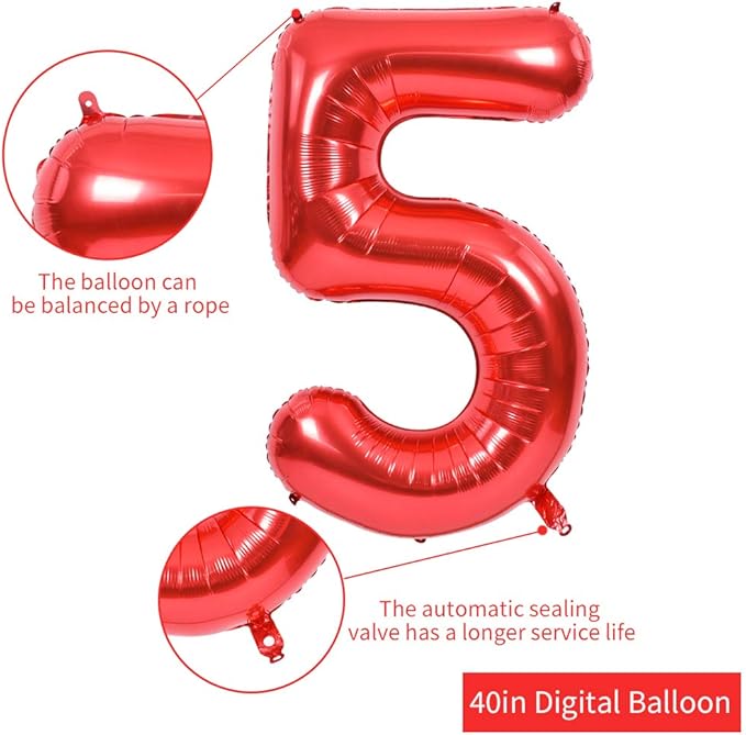 TONIFUL 40 Inch Red Large Numbers Balloons 0-9, Number 5 Digital 5 HeliumFoil Mylar Big Number Balloons for 2026 New Year Eve Graduation Valentine's Day Birthday Party Anniversary Party Decoration