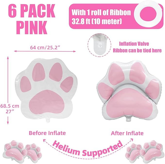 27'' Pink Dog Paw Shaped Balloons - 6 Pack Puppy Dog Paws Printed Helium Aluminum Mylar Foil Balloons for Pets Party, Baby Shower & Doggy Puppy Birthday Party Decorations