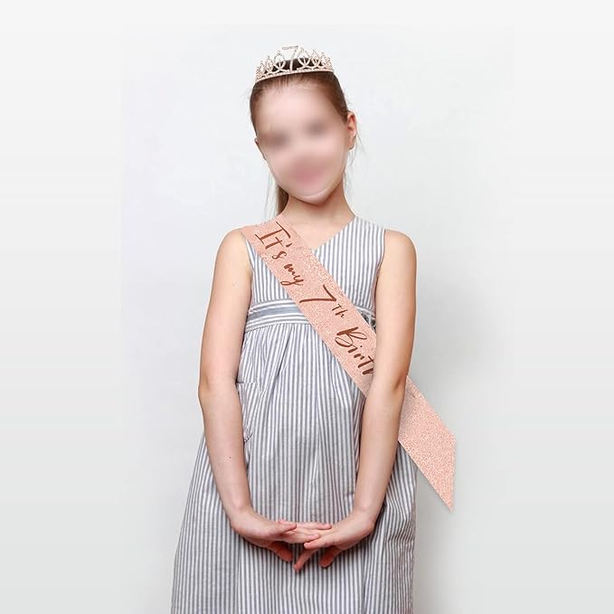 partyjju`s Rose Gold Birthday Crown 7 & Fabulous Sash and Tiara for Girls, Gifts for Happy 7th birthday Party Favor Supplies