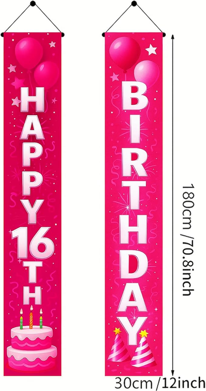 16th Birthday Door Banner 12x72 Inch Pink Gradient Backdrop with White Letters Balloon Cake Star Streamer and Graphics Happy Birthday Sign for Party Wall Indoor Outdoorpartyjju`s
