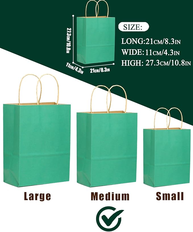 qiqee 100PCS Gift Bag with Handles Bulk Cyan Paper Bags Multiple Uses (11"x5"x8" Medium Size)