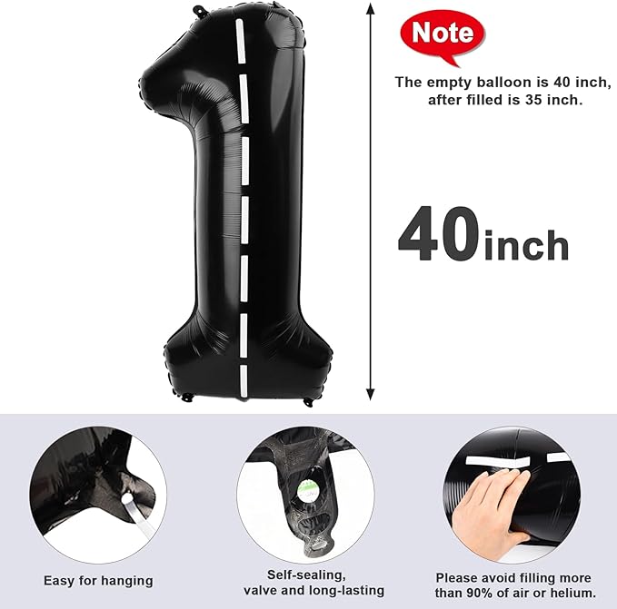 Number Balloons 1, 40 Inch One Balloons for 1st Birthday Girl Boy 1 11 21 Party Decorations Baby Shower Photo Shoot, Line Black 1 Balloon