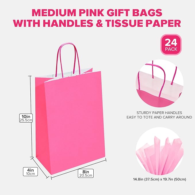 DjinnGlory 24 Pack Medium Size Hot Pink Paper Gift Bags with Handles 10x8x4 Inch and 24 Pink Tissue Paper for New Moms Birthday Wedding Baby Bridal Shower Party Favors Goodies