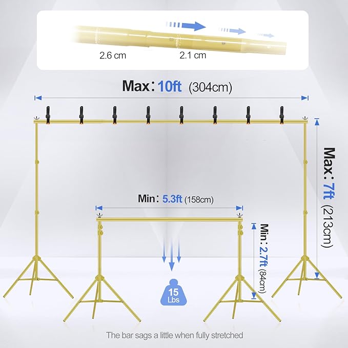 EMART Backdrop Stand 10x7ft(WxH) Photo Studio Adjustable Background Stand Support kit with 2 Crossbars, 8 Clamps, 2 Sandbags and Carry Bag for Parties, Events Decoration, Wedding -Titanium Gold