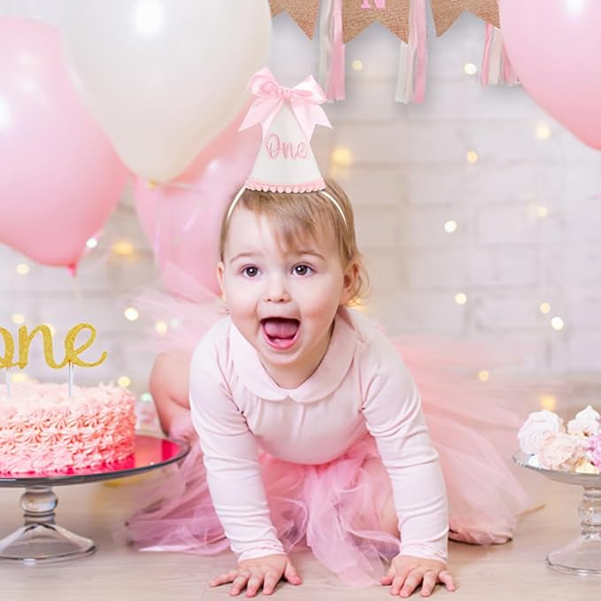 Pink Bow 1st Birthday Hat, Bow Girl 1st Birthday Hat, Pink Themed Decoration, Baby Girl Party Hat, Cake Smash Outfit(CXMZ-ONE-HDJ)