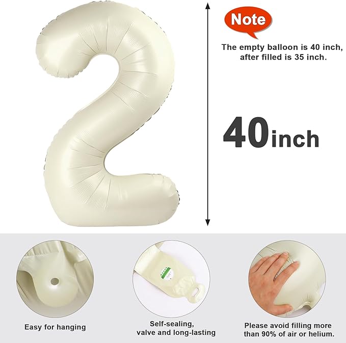 2 Numbers Balloon 40 Inch Cream White Two Balloon Number Birthday Decor, 2nd 12 21st Party Celebration Decorations Graduations Wedding Baby Shower