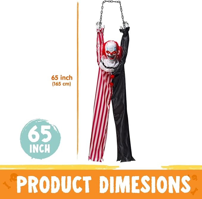 JOYIN 65" Halloween Hanging Scary Clown Decorations with Chain, with LED Lights Talking Animatronics Decor Outdoor Indoor for Haunted House Lawn Yard Patio