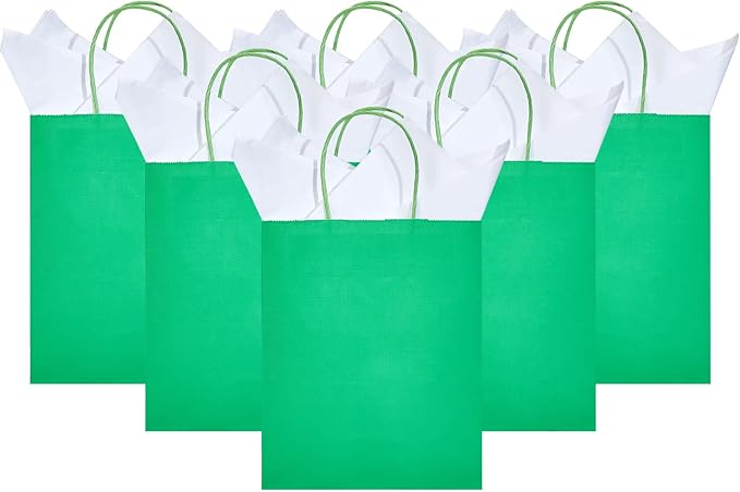 DjinnGlory 50 Pack Medium Size 10''x8''x4'' Green Paper Bags with Handles Bulk and 50 White Tissue Paper for Boutiques, Party Favors Treats Goodies, Christmas Gifts