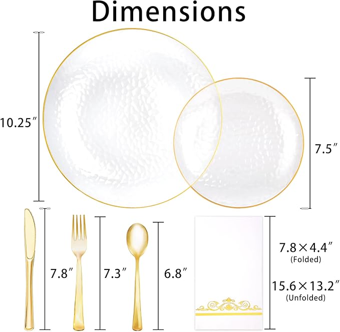 150 Pcs Plastic Dinnerware Set Disposable for 25 Guests - Clear Plates with Gold Trim, Fancy Plastic Plates for Party Wedding Birthday Halloween