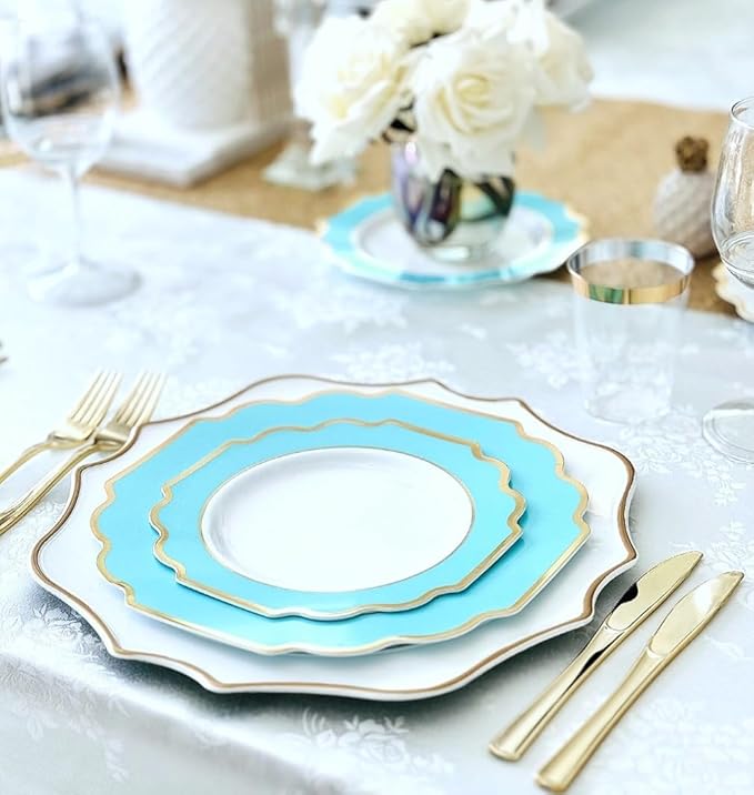 OCCASIONS 720 Pcs set (120 guest) Wedding Disposable Plastic Plate and Silverware Combo 10.5" + 8" + Silverware (Double Fork) (Imperial in White/Aqua & Gold Rim, Gold Silverware)