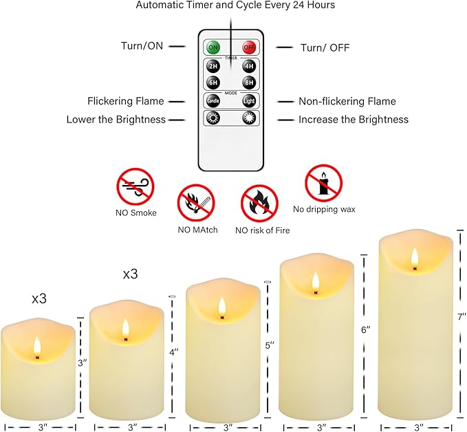 Flameless Candles with Remote Timer, Battery Operated Realistic Flickering LED Candles, 9 Packs Fake Candles for Home Decor (D3 x H 3" 4" 5" 6" 7") (Ivory)