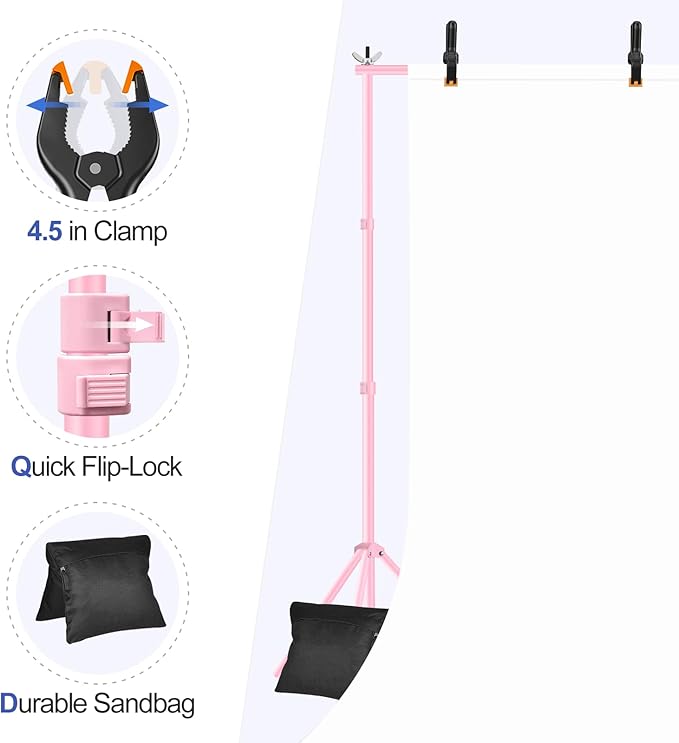 EMART Backdrop Stand 10x7ft(WxH) Photo Studio Adjustable Background Stand Support kit with 2 Crossbars, 8 Clamps, 2 Sandbags and Carry Bag for Parties, Events Decoration, Wedding, Photography -Pink