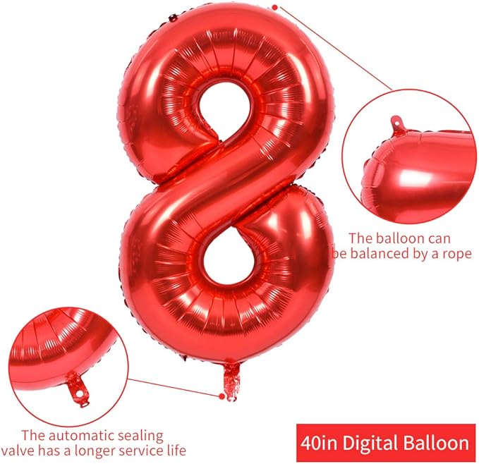 TONIFUL 40 Inch Red Large Numbers Balloons 0-9, Number 8 Digital 8 HeliumFoil Mylar Big Number Balloons for 2026 New Year Eve Graduation Valentine's Day Birthday Party Anniversary Party Decoration
