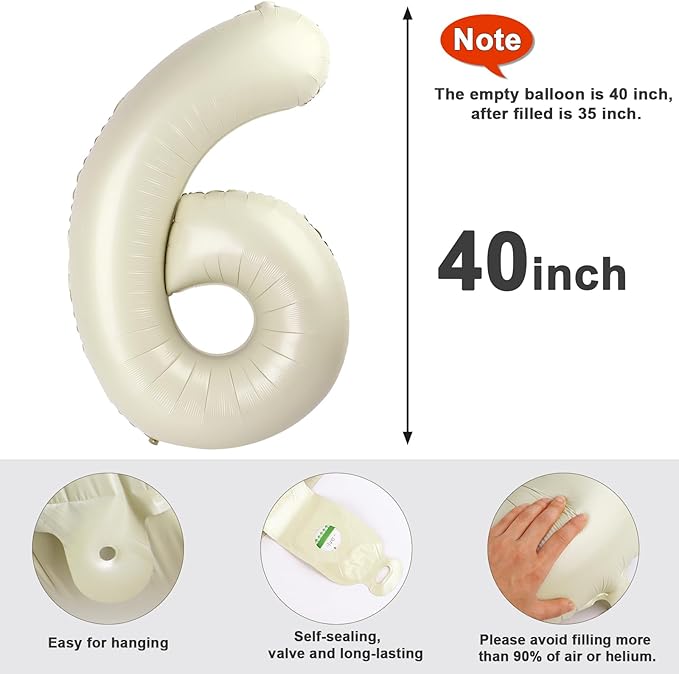 Number 6 Balloon 40 Inch, 6 7 Six Seven Birthday Decorations, 6th Birthday Balloon for Boy Girl, Cream White 16 60 61 65 Numbers Balloons Graduations Anniversary Supplies