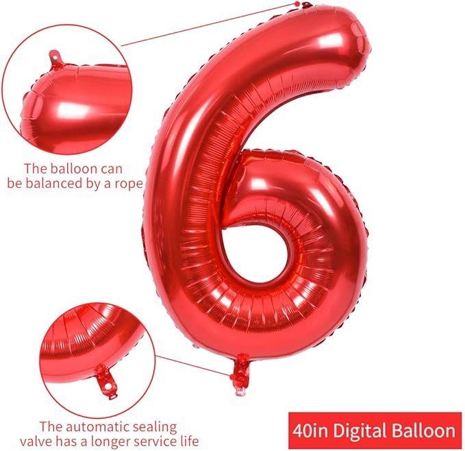 TONIFUL 40 Inch Red Large Numbers Balloons 0-9, Number 6 Digital 6 HeliumFoil Mylar Big Number Balloons for 2026 New Year Eve Graduation Valentine's Day Birthday Party Anniversary Party Decoration