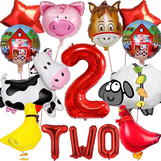 14 PCS Farm Animal Balloons Cow Sheep Duck Rooster Pig Donkey Balloons Barnyard Balloon Supplies with Large Number 2 Foil Balloon for Farm Animal Theme 2nd Birthday Party Decor Supplies