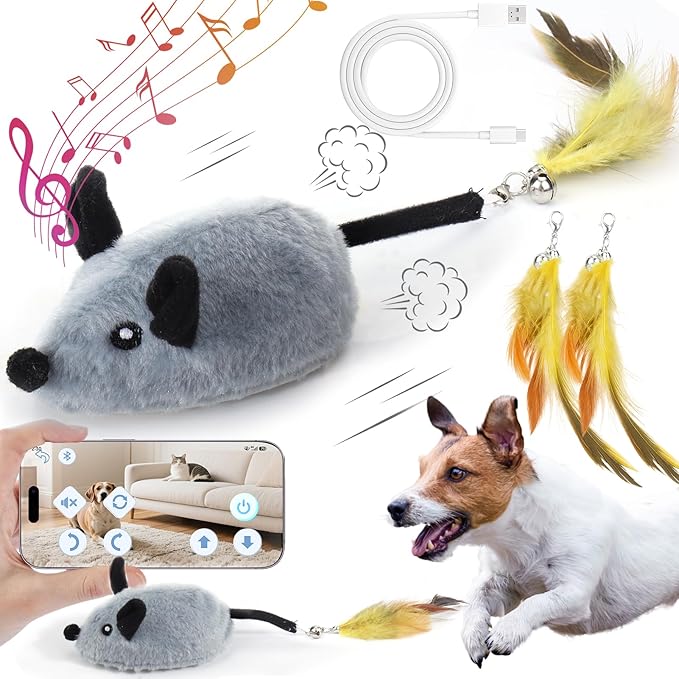 Interactive Dog Toys with Phone App, 2 Modes Remote Control Dog Toy, Dog Mouse Toy with Realistic Sound & Replacement Tails, Automatic Dog Toy for Small Medium Large Dogs, Squeaky Dog Toys Gray