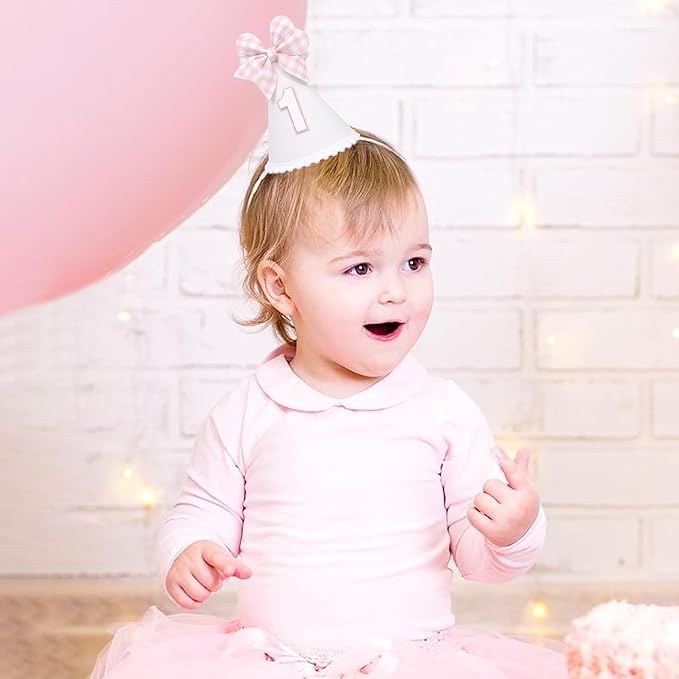 Pink Bow 1st Birthday Hat for Girls - Pink and White Theme First Brithday Decorations, Sweet One Theme Party Hat, Baby Girl Bday Decor (1st birthday hat)