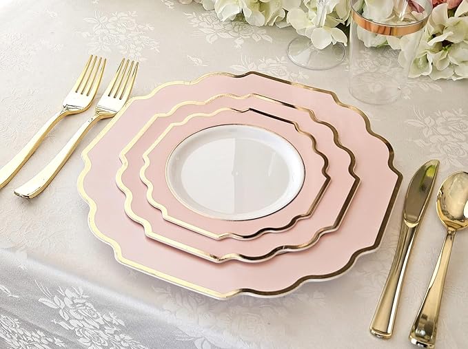 " OCCASIONS " 150 Piece set (25 Guests)-Wedding Plastic Plates & cutlery -Disposable heavyweight Dinnerware 10.5'', 8'' + Silverware w/double fork (Imperial in Blush Pink & Gold)