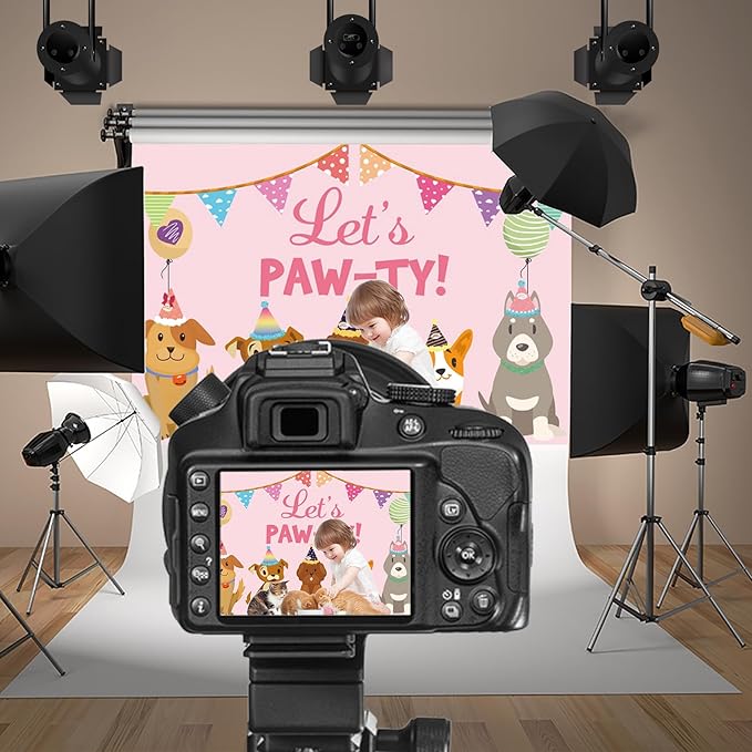 Baocicco 10x6.5ft Let's Paw-ty Backdrop Cartoon Doggy Puppy Shiba Inu Banner Balloons Poodle Birthday Hats Photography Background Pets Puppy's Birthday Party Decoration Pawty Theme Party Carnival