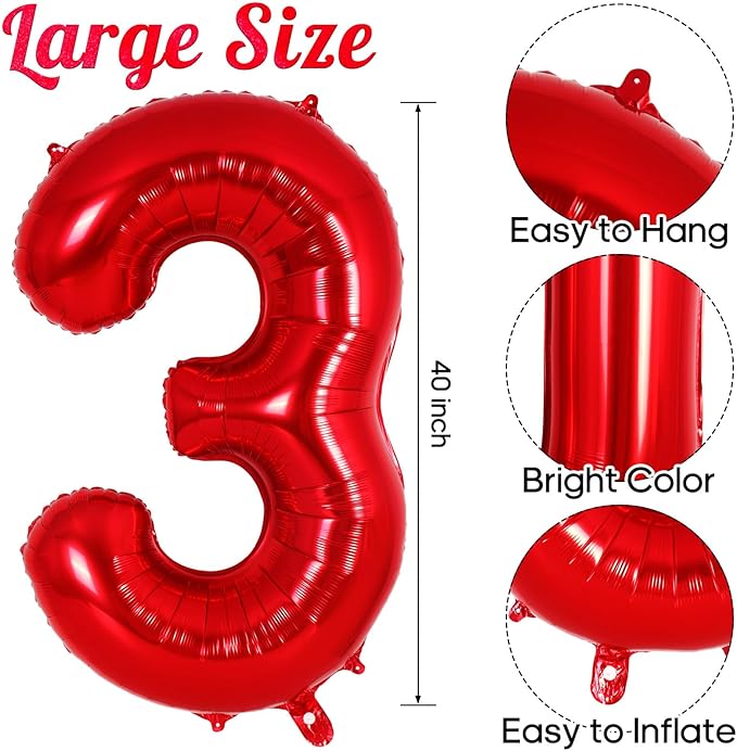 Red Number 3 Balloon 40 Inch, Big Large Foil Helium Number Balloons, Jumbo Giant Mylar Number 3 Balloons for 3 Year Old Birthday Red Party Decorations Supplies Anniversary