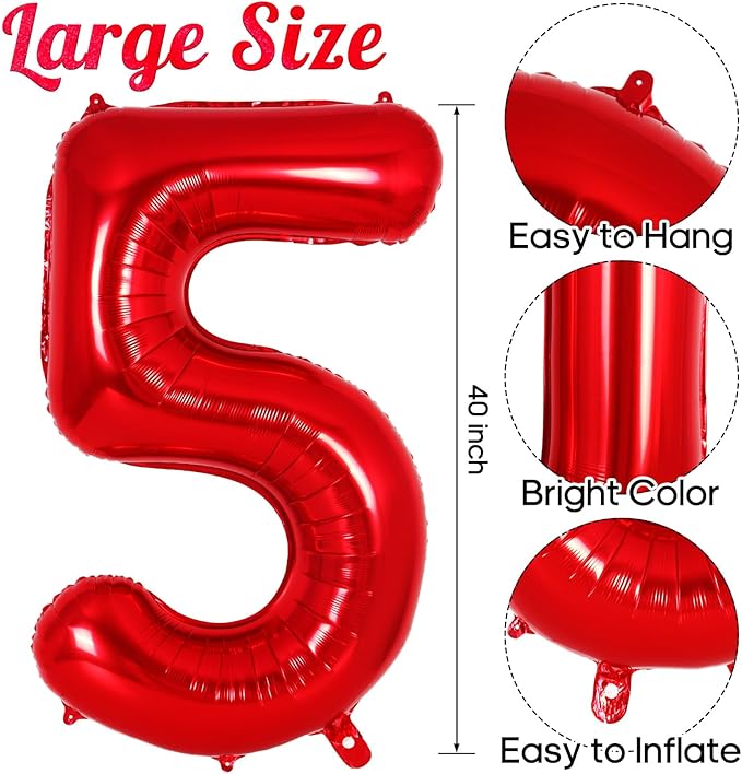 Red Number 5 Balloon 40 Inch, Big Large Foil Helium Number Balloons, Jumbo Giant Mylar Number 5 Balloons for 5 Year Old Birthday Red Party Decorations Supplies Anniversary