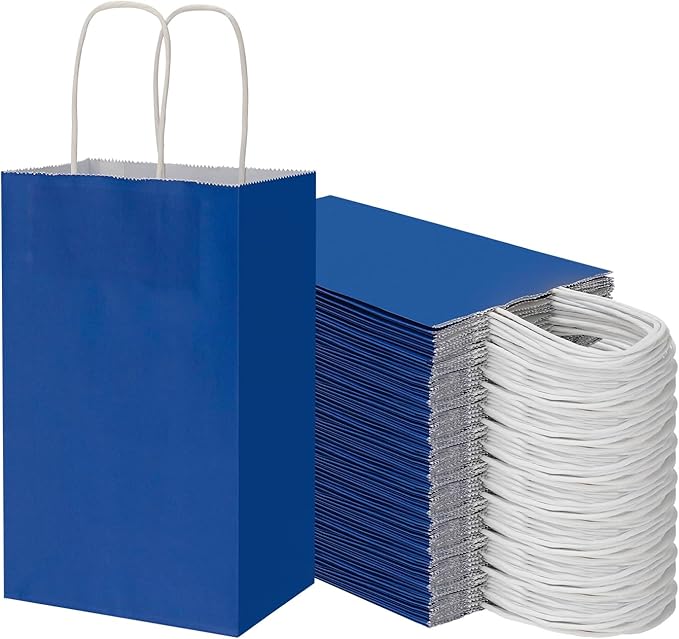 100 Pack 5.25x3.25x8.25 Inch Small Royal Blue Kraft Paper Bags with Handles Bulk, Toovip Gift Wrap Bags for Favor Grocery Retail Party Birthday Shopping Business Goody Craft Merchandise Take Out Sacks