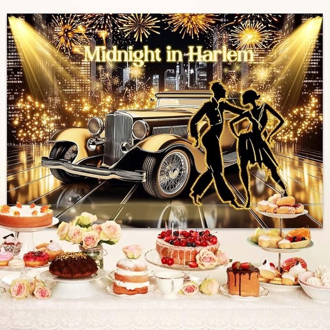 4X4ft Roaring 20s Party Photo Backdrop Photography Background, Great Gatsby Black and Gold 1920s Speakeasy Party Backdrops Photo Booth Prop Decorations Wall Decor Tablecloth